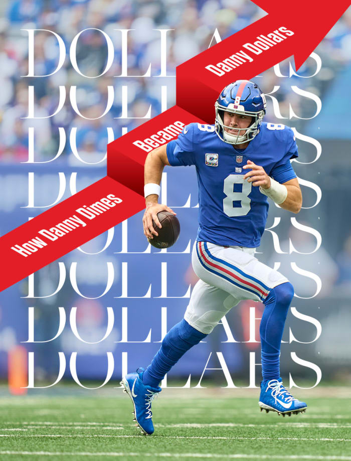 A graphic of Daniel Jones that says 'How Danny Dimes became Danny Dollars'